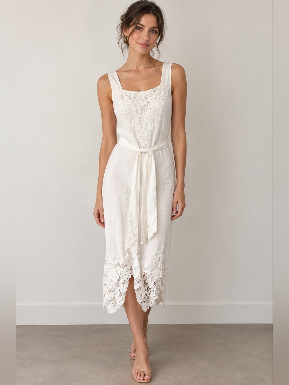 VINTAGE crochet detailing white midi dress - size small